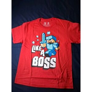 Jinx Minecraft Like A Boss Steve Boy's Red‎ Long Sleeve Shirt Youth Small NWoT